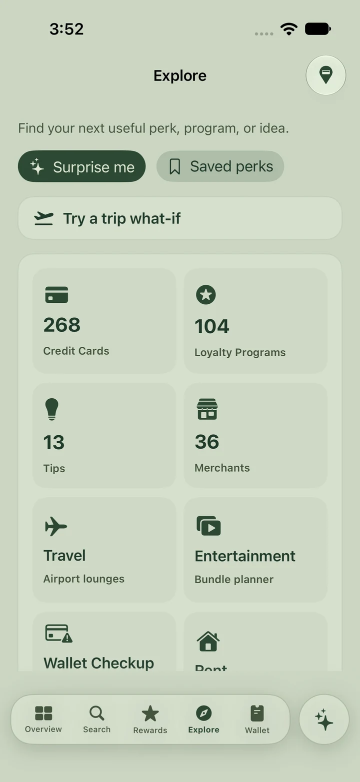 Points Points! Explore in sage green showing cards, loyalty programs, travel, and entertainment