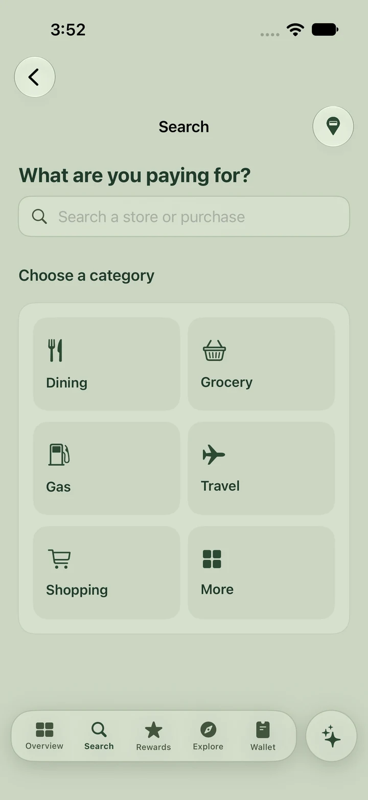 Points Points! Search screen with purchase categories