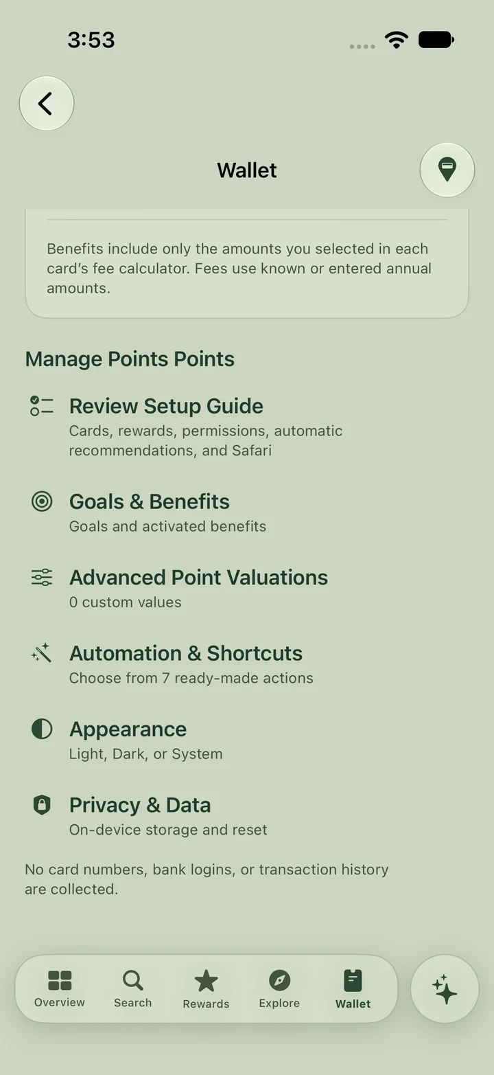 Points Points! Wallet in sage green, with Goals and Benefits, point valuations, and Appearance settings